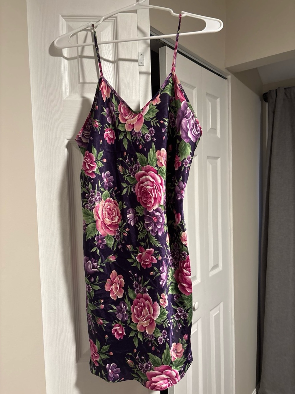 Vintage Dentelle Purple Floral Slinky Cami Satin Y2K V-Neck Midi Slip Dress M